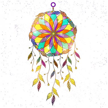 Boho tarzı çizilmiş Dream Catcher etnik çiçek desenli el, 