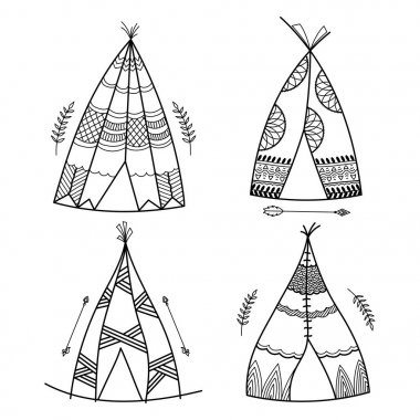 Boho stil, elle çizilmiş Teepee veya e tribal desenli Kızılderili çadırı