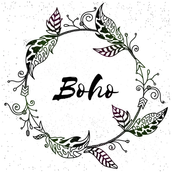 Boho-Rahmen mit ethnischen handgezeichneten Elementen wie Federn, — Stockvektor
