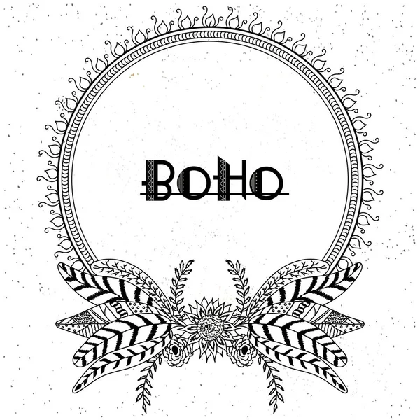 Boho style frames with ethnic hand drawn elements like feathers, — Stock Vector