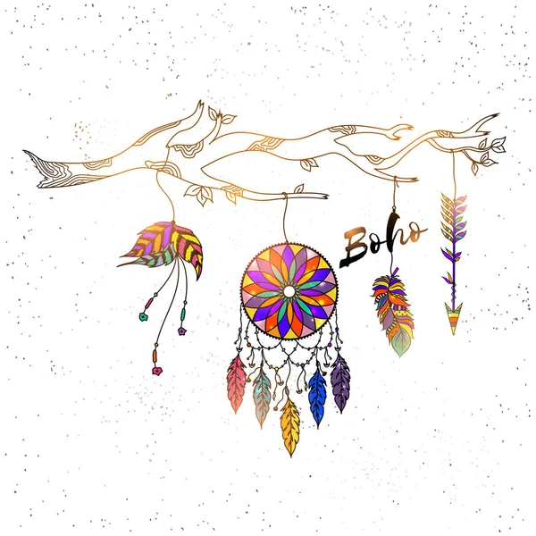 Stile Boho disegnato a mano Dream Catcher con motivo floreale etnico , — Vettoriale Stock