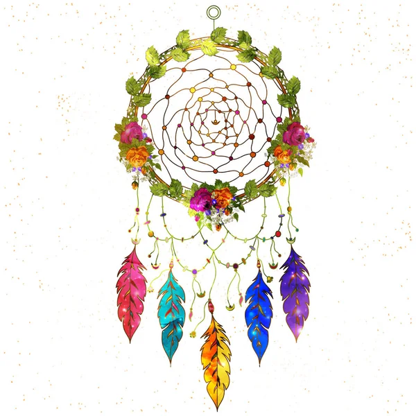 自由奔放に生きるスタイル手エスニック花柄の描かれたドリーム キャッチャー, — ストックベクタ