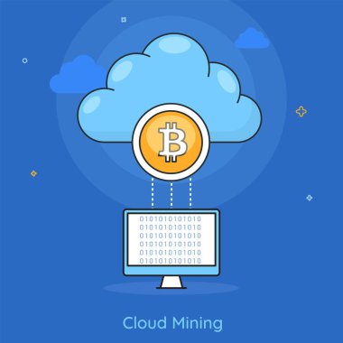 Bitcoin bulut üzerinde mavi arka plan bilgisayar.
