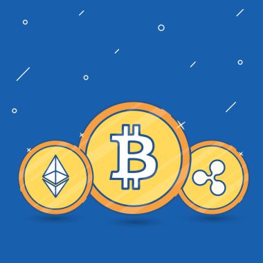 Flat cryptocoins on blue background. clipart