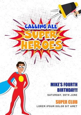 Superhero kids boy. Invitation card for kid's birthday. clipart