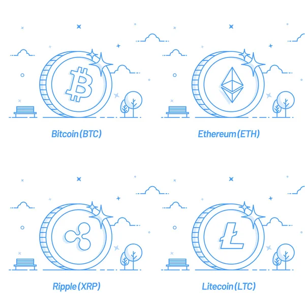 Piatto sytle di monete criptovaluta come bitcoin, Ethereum, Rippl — Vettoriale Stock