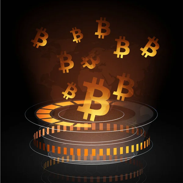 Gouden bitcoin symbolen op glanzende bruine achtergrond. — Stockvector