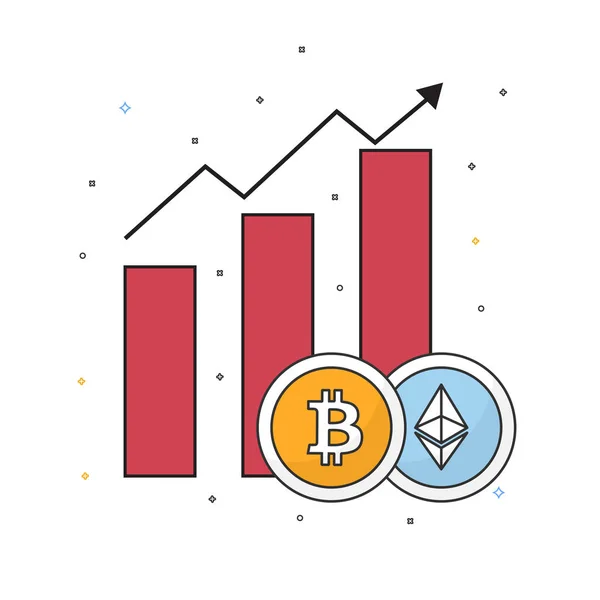 Bitcoin és éter cryptocurrencies emelkedő grafikon. — Stock Vector