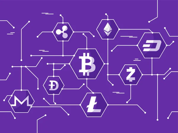 Criptomoedas rede em fundo roxo . —  Vetores de Stock