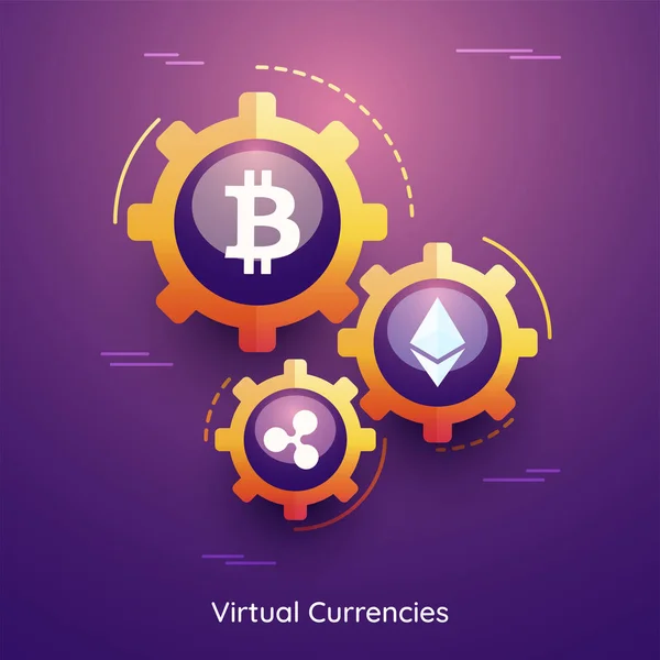 Kryptovalutor, bitcoin, ethereum och rippel på lila bakgr — Stock vektor