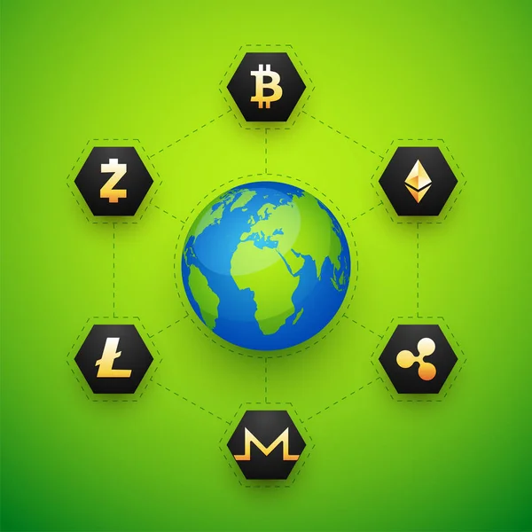 Gyllene krypto symbolerna över världen på glänsande grön bakgrund. — Stock vektor