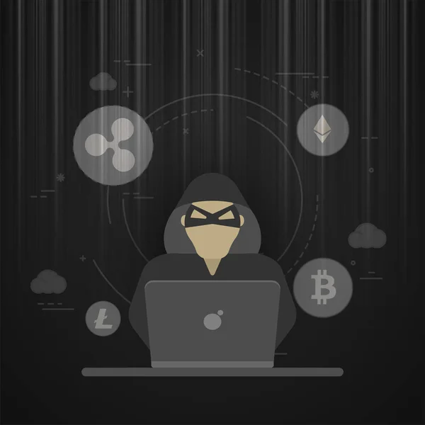 보안 개념, cryptocurrencies를 해킹 하려고 하는 해커. — 스톡 벡터