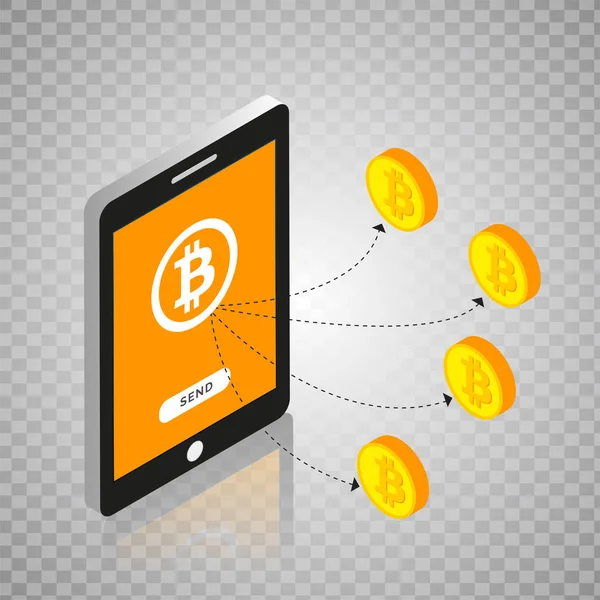 Concepto Bitcoin con dispositivo inteligente y bitcoins de oro . — Vector de stock