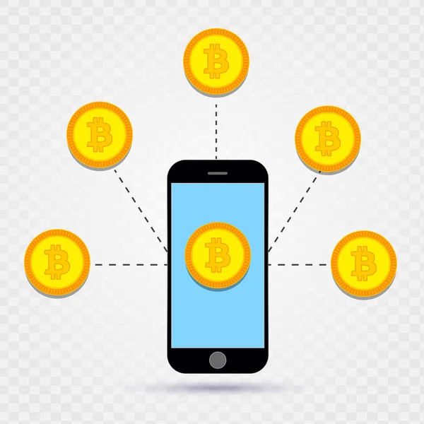 Bitcoin en el teléfono inteligente, concepto de moneda digital . — Vector de stock