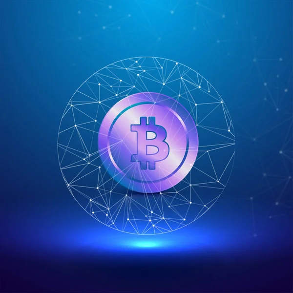 Konsep Cryptocurreny dengan bitcoin ungu mengkilap di backgrou biru - Stok Vektor