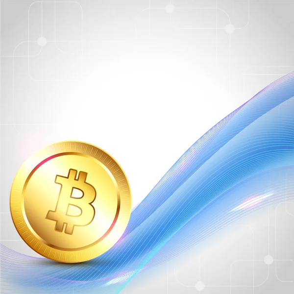 Goldener Bitcoin auf blauem Wellenhintergrund. Kryptowährungskonzept. — Stockvektor
