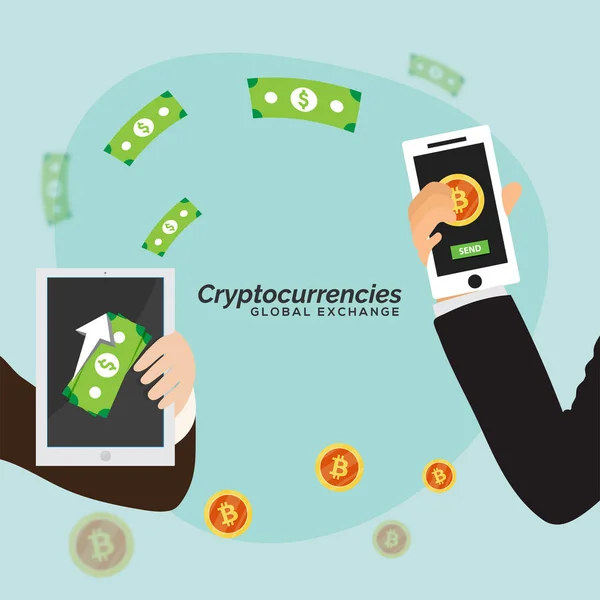 Cryptocurriencies, concept d'échange global, curriencies numériques — Image vectorielle