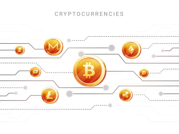 Cryptocurriencies fondo con monedas de oro sobre fondo gris — Vector de stock