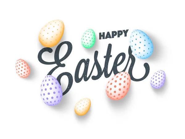 Kleurrijke beschilderde eieren en Happy Easter tekst op witte achtergrond. — Stockvector