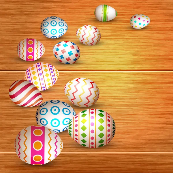 Bemalte Eier auf Holzgrund. Frohe Ostern. — Stockvektor