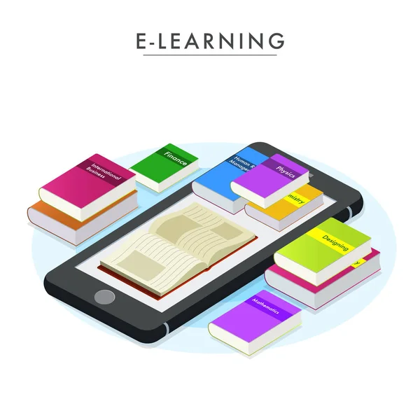 E-Learning concept met 3D-boeken over slimme telefoonapparaat. — Stockvector