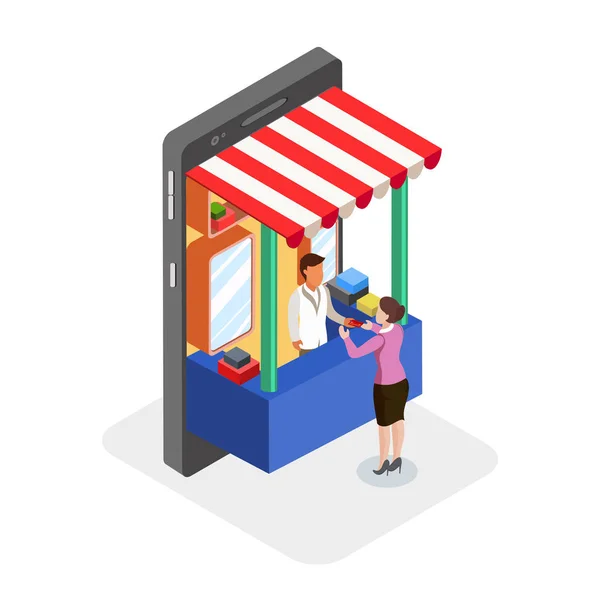 Concepto de compras en línea con una tienda en el dispositivo de teléfono inteligente . — Archivo Imágenes Vectoriales