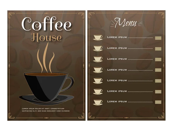 Coffee House Menú Diseño de tarjetas con vista frontal y posterior de la página . — Vector de stock