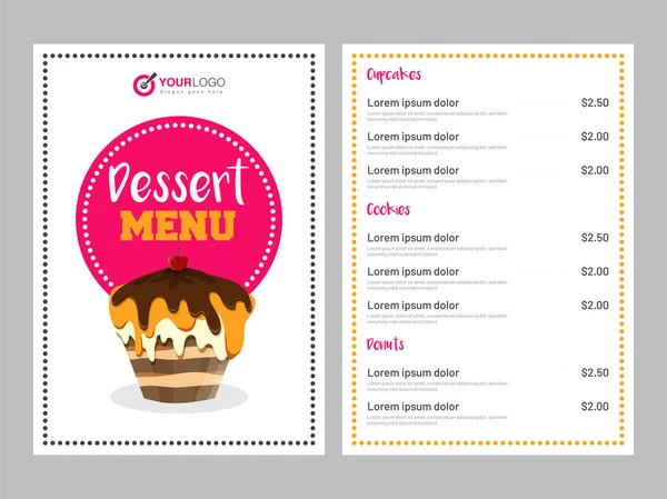 Diseño de la tarjeta de menú de postre con vista frontal y posterior de la página . — Vector de stock