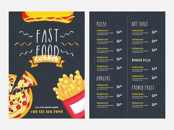 Fast food menü kart tasarımı ile ön ve arka sayfa görünüm. — Stok Vektör