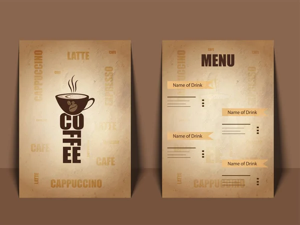 Caffè Menu Card design con vista frontale e posteriore . — Vettoriale Stock