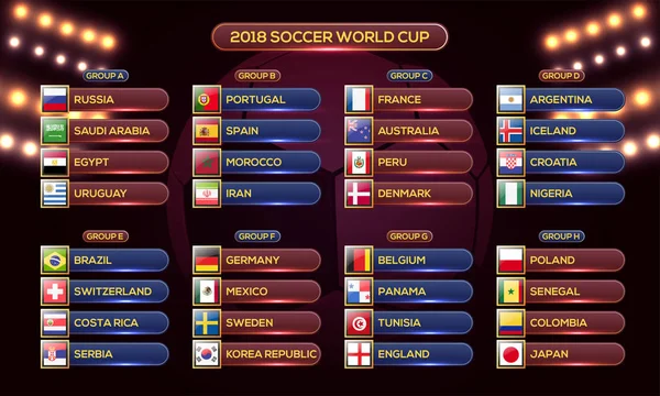 Calendrier Coupe du monde Russie 2018. Modèle de tableau horaire de football  , — Image vectorielle