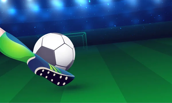 Vista cercana de una pierna de futbolista mientras patea una pelota de fútbol en marcha — Vector de stock
