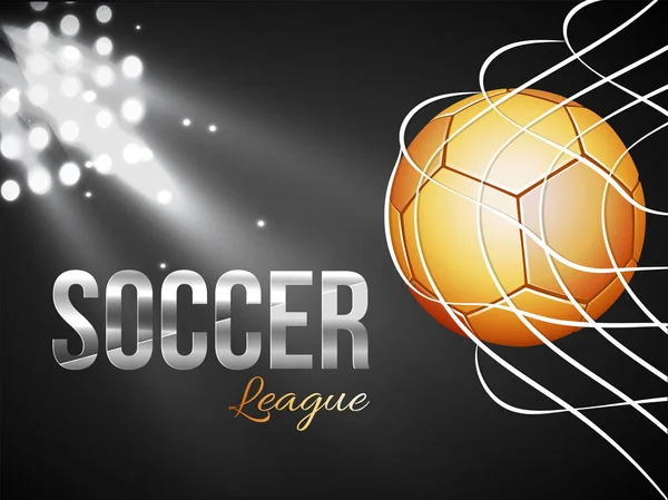 Ballon de football doré en filet sur fond gris avec texte Soccer Le — Image vectorielle