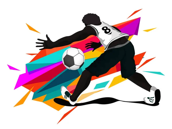 Jogador de futebol tentando chutar bola de futebol em ba abstrato colorido —  Vetores de Stock