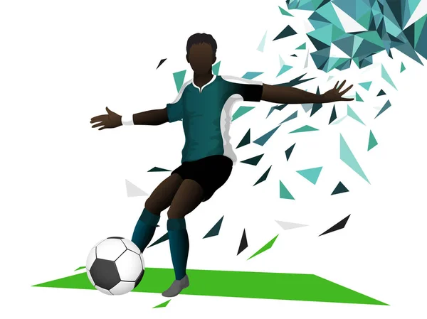 Giocatore di calcio che cerca di calciare il pallone da calcio su colorato ba astratta — Vettoriale Stock