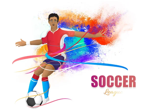 Fußball-Ligakonzept mit Fußballer kickt Fußball auf Sattel — Stockvektor