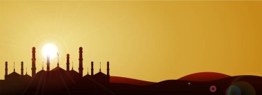 Web banner tasarımı ile bir caminin çizimde akşam saat.