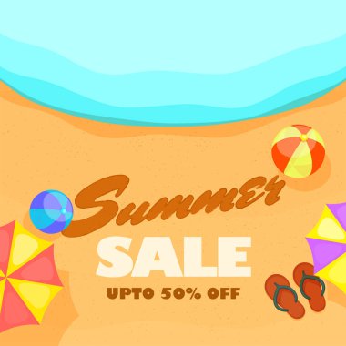 Bir plaj görünümünü yan metin ile yaz Satılık upto %50 Off sunuyoruz.