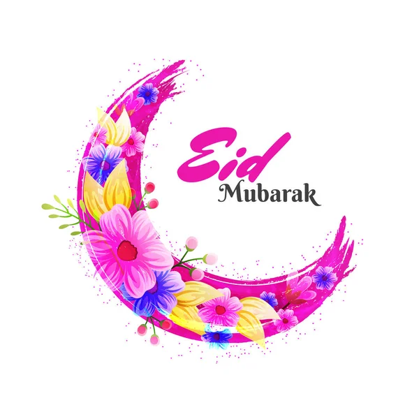 Güzel ay renkli çiçeklerle süslenmiş. Eid Mubarak konsantrasyon — Stok Vektör