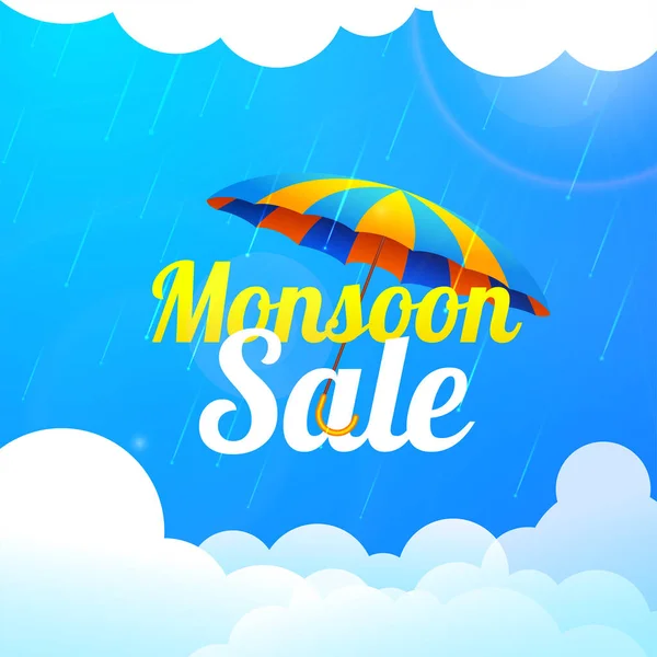 Monsoon season sale with colorful umbrella, raindrops, and cloud — Stock Vector