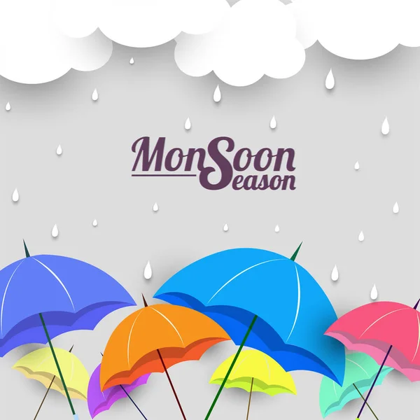 Temporada de monção com guarda-chuvas coloridos, conce camadas de papel-arte — Vetor de Stock