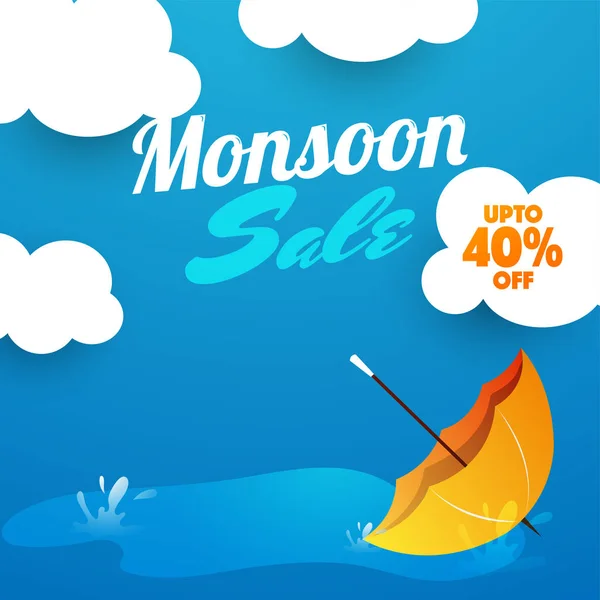 Monsoon sale poster or banner design with umbrella, clouds, and — Stock Vector