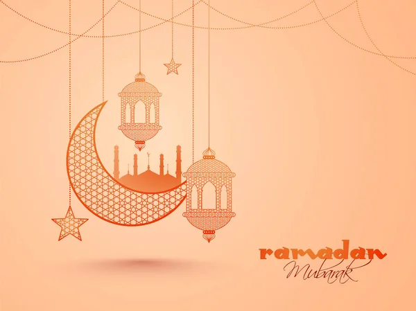 Ramadan conceito mubarak com lua pendurada, estrela, lanternas e mo — Vetor de Stock
