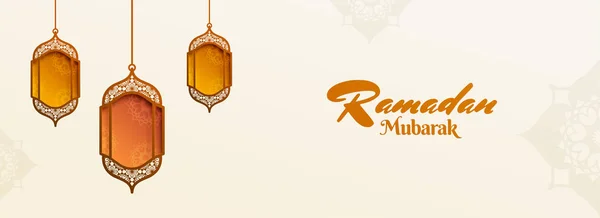 Веб-баннер фестиваля Рамадан Мубарак с висячими фонарями — стоковый вектор