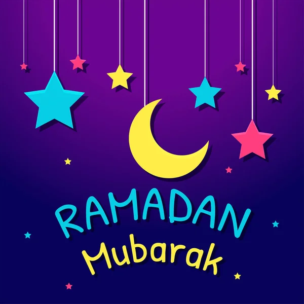 Hanging colorful stars and moon with text Ramadan Mubarak, holy — Stock Vector