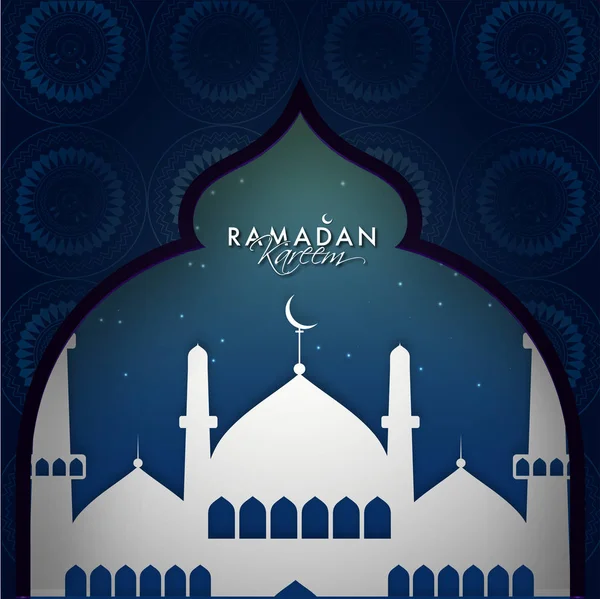 Mese sacro islamico del Ramadan Kareem con moschea in vista notturna . — Vettoriale Stock