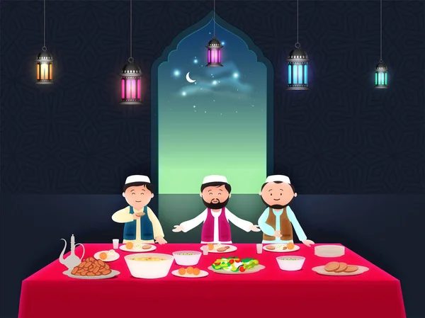 Iftar Parte de fondo con los hombres islámicos en la mesa de comedor. Cartel — Vector de stock