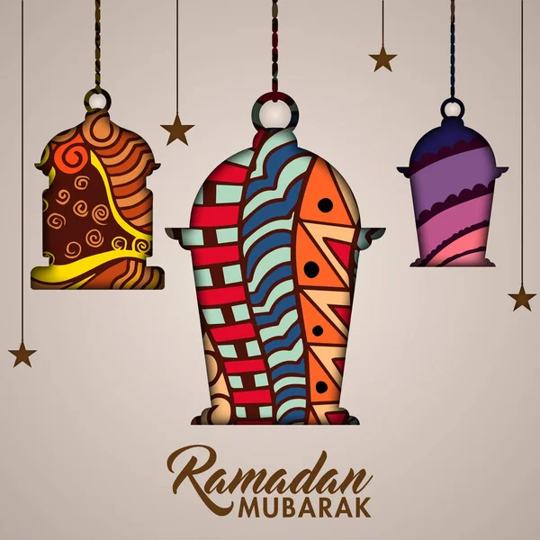 Ramadan Mubarak conceito, com design doodle decorado pendurado la — Vetor de Stock