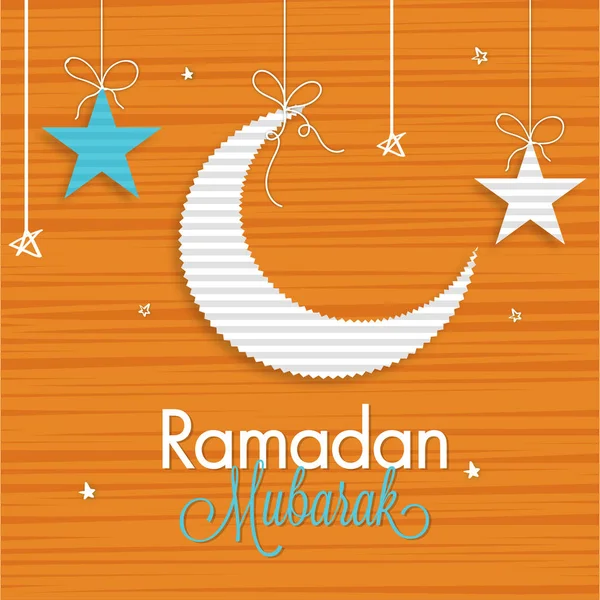 Ramadan Mubarak concept with hanging moon and stars on wooden ba — Stock Vector