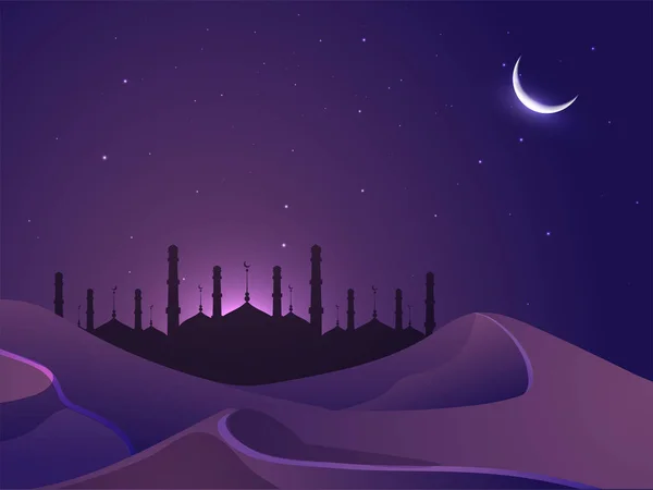 Ιερό μήνα του Ραμαζανιού, το βράδυ φόντο. Προβολή ενός τζαμιού στο moo — Διανυσματικό Αρχείο